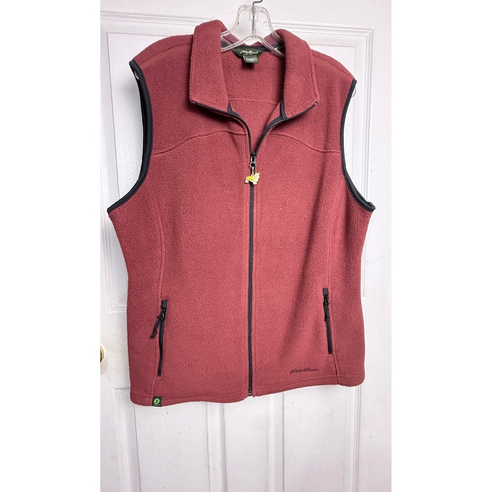 Eddie Bauer Mens XL Fleece Vest Red Full Zip Outdoor Layer Pockets Dog Pull
